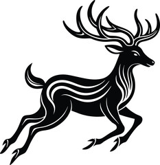 Obraz premium Running Deer Silhouette with Tribal Art Design – Black and White Wildlife Vector Illustration