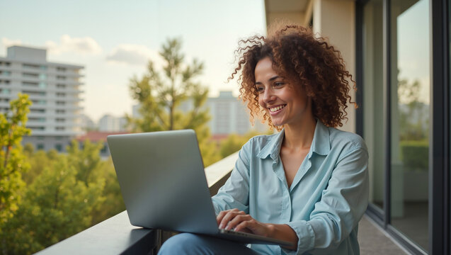 Smiling woman working on a laptop on a balcony with greenery  