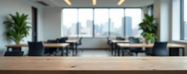 Blurred modern office background with empty desk space ideal for product placement,  workspace,  office supplies