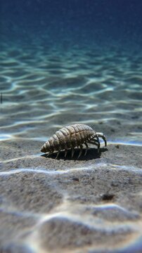 Underwater close-up video of a small crustacean on sandy ocean floor. Captured from a low angle, showcasing clear water and rippling sunlight patterns.