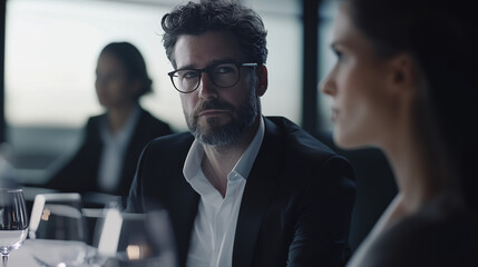 Handsome businessman with a stylish beard and glasses gazing at a woman during a formal dinner. in a black suit, deep in thought, making eye contact in a high-class corporate setting