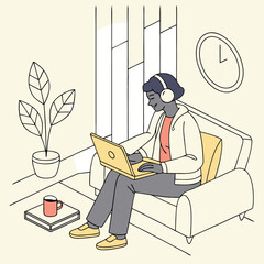 girl in headphones at the laptop. minimalism. flat style