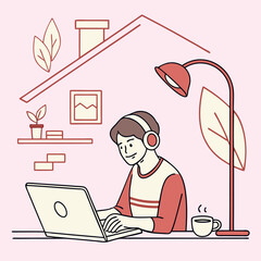 guy in headphones working at his laptop. illustration in red and pink colors