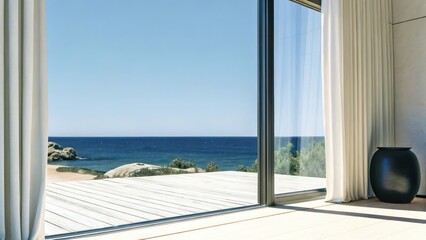 a modern room offers a stunning coastal view through a large window, with light curtains. The interior is minimalist with a sleek design, providing a sense of tranquility and spaciousness.