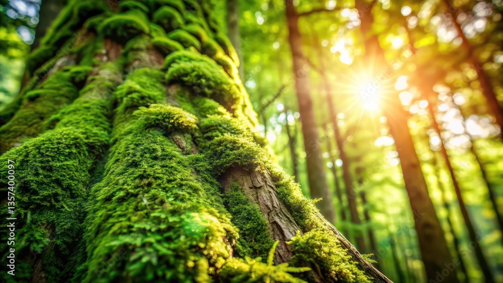 Poster a majestic tree in a vibrant forest with sunlight filtering through the canopy, a close-up view of t