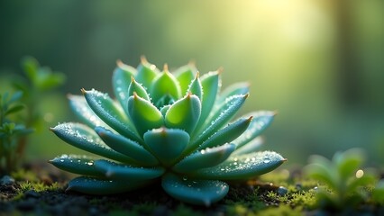 Succulent with Dew Drops: A close-up showcasing the freshness, vibrant green, and intricate detail of a succulent plant.