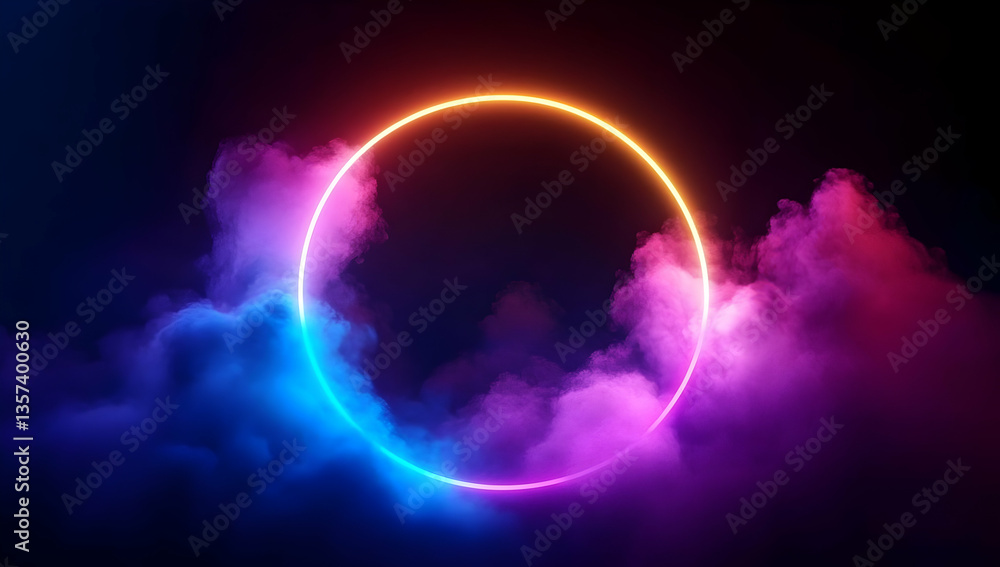 Poster a vibrant neon circle surrounded by colorful clouds, creating a mystical and dynamic atmosphere for 