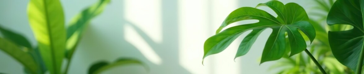 Fototapeta premium Blurred Tropical leaves natural shadow Trendy home gardening background with palm Monstera leaves overlay Natural Monstera deliciosa Swiss cheeseplant, home gardening, Swiss cheeseplant