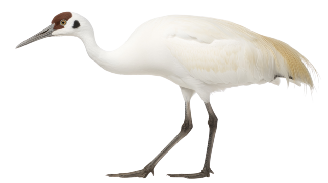Elegant White Crane foraging in serene wetland environment with striking features and pose