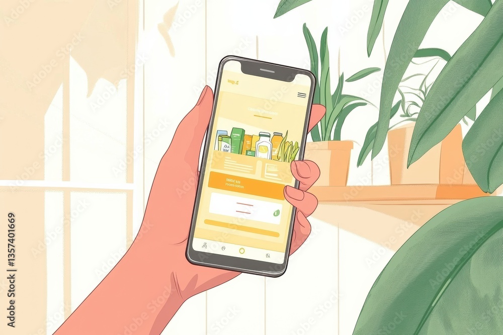 Aufkleber Hand holding smartphone displaying grocery delivery app with modern design and soft gradients in a well-lit indoor setting Generative AI