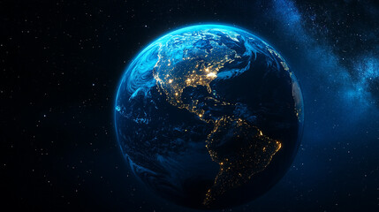 Obraz premium Earth from space showing north and south america with city lights and stars in the background