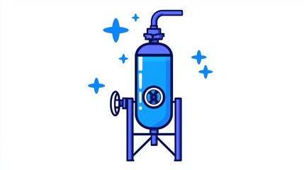 Illustration of a blue laboratory apparatus with a valve, emitting sparkling effects, symbolizing science and experimentation.