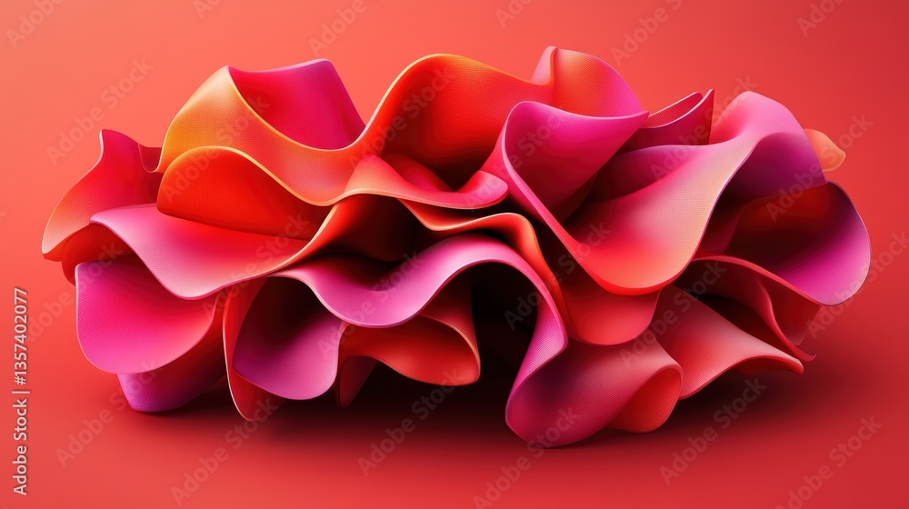 Poster abstract 3d rende of vibrant crimson and fuchsia fabric-like petals undulating against a striking so