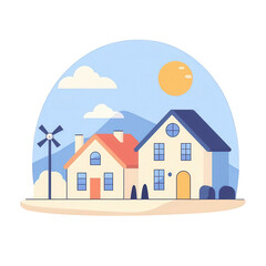 Naklejka premium Colorful illustration of a house landscape under bright sun and clouds.