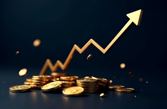 Investment in gold bars, economic growth, profit from securities stocks. save money for investment, growing stock funding exchange chart arrow going up. concept of growing economy. dark background