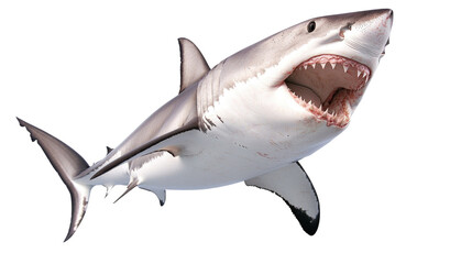 Fototapeta premium Majestic Great White Shark with Open Mouth Swimming Through Clear Ocean Water