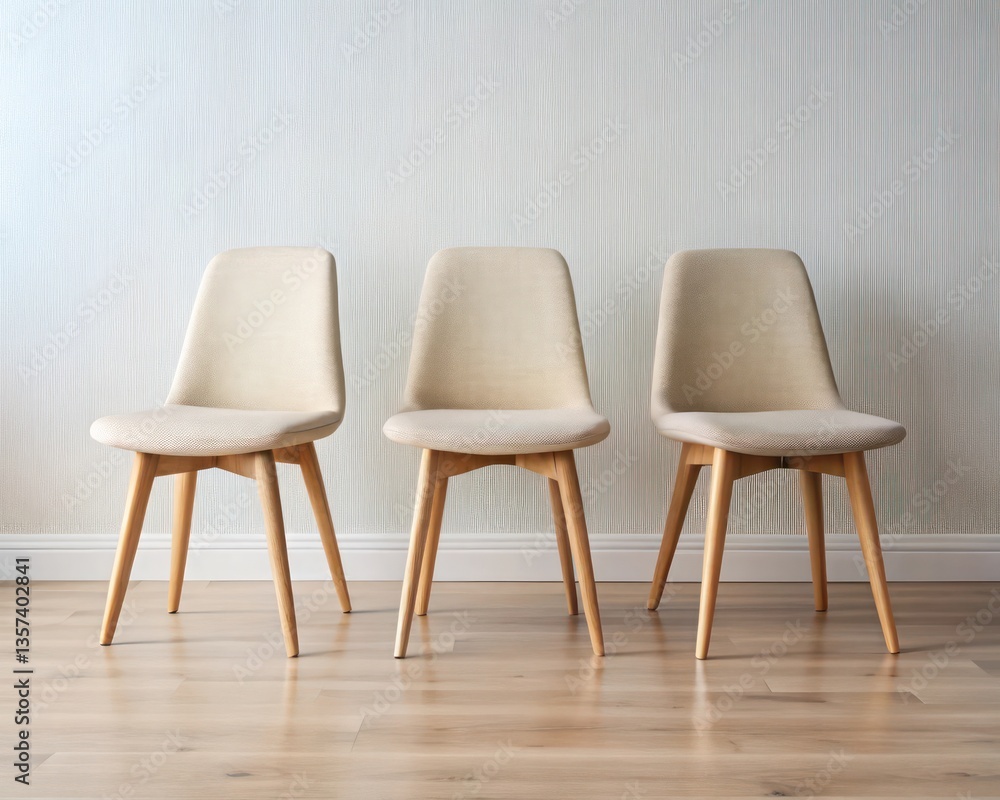 Poster three modern chairs lined up on a wooden floor, creating a sense of minimalist design. the neutral c