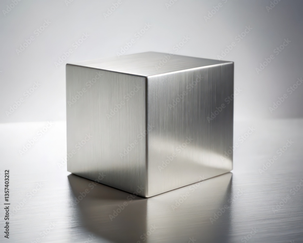 Poster a reflective silver cube stands on a shiny surface, it's clean, precise form creating a sense of mod