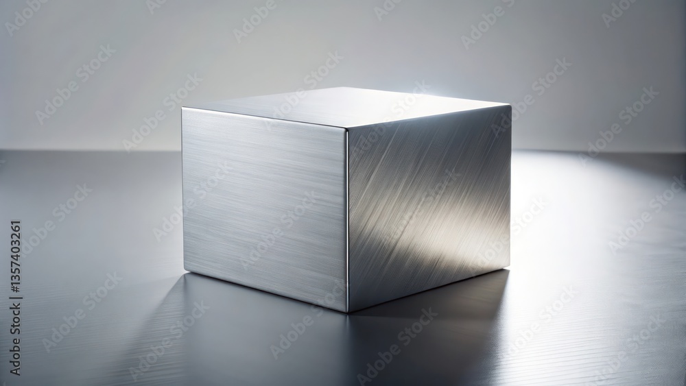 Poster a perfectly crafted metallic cube casting a subtle shadow, showcasing its precise geometry and elega