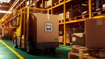 Naklejka premium A yellow forklift moves a large cardboard box through a warehouse filled with shelves stacked with packages, showcasing an efficient logistics environment.