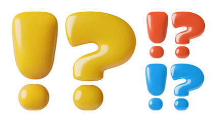Question mark and exclamation point 3d yellow red and blue vector icons. Yellow, red and blue cartoon punctuation marks. 