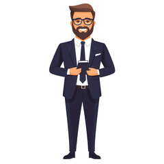Obraz premium Confident businessman holding a tablet, smiling with a professional outfit.