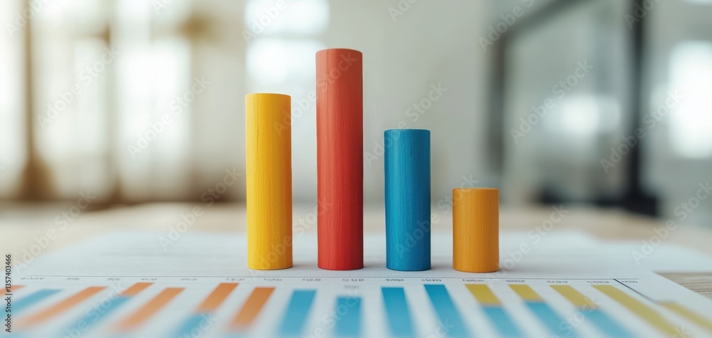 Poster a colorful bar chart made of blocks illustrates data trends on a printed graph, showcasing growth an