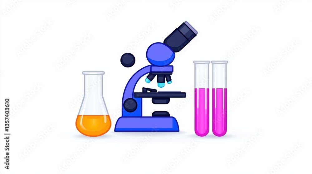 Poster laboratory equipment including a microscope, test tubes, and a flask with liquid, representing scien