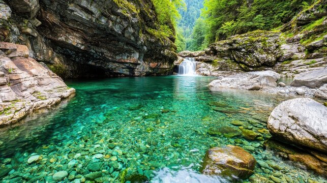 A serene landscape featuring a clear turquoise stream flowing through rocky terrain, surrounded by lush greenery and a picturesque waterfall.