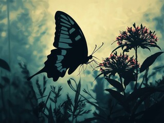 Elegant butterfly silhouetted against a moody sky, delicately approaching a vibrant cluster of flowers in a serene, natural landscape.