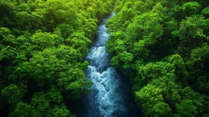 Aerial View Of A Lush Green Forest With A Meandering River Flowing Through It