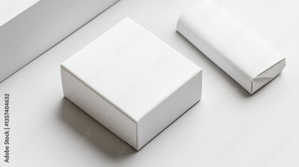 Poster a minimalist packaging set featuring a white box and a small white container on a clean background. 