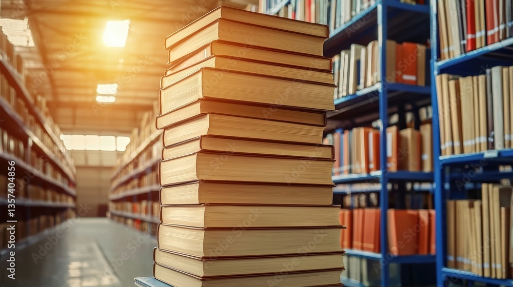 Poster a stack of books stands in a library aisle, surrounded by shelves filled with organized books, illum
