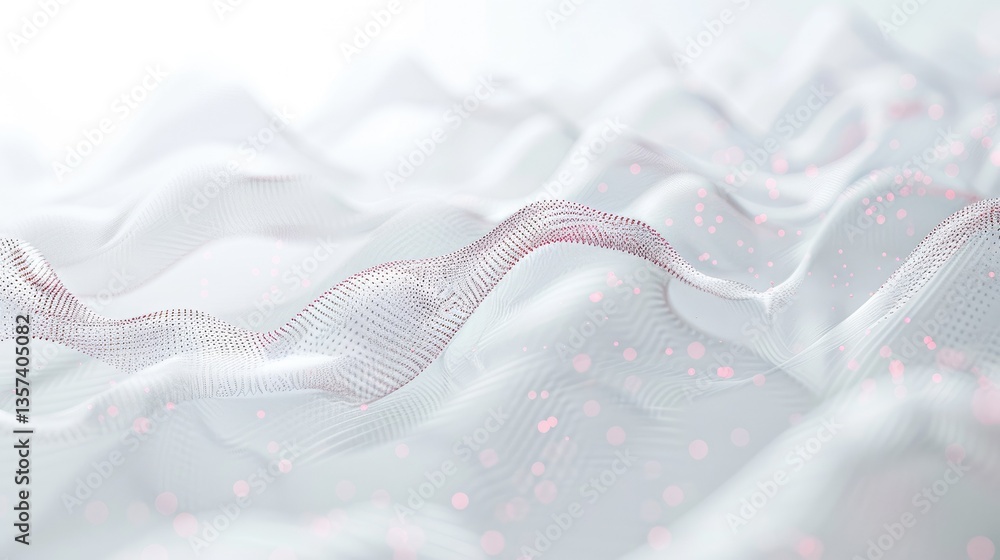 Poster this abstract image showcases a fluid wave of particles in a serene white tone, emphasizing technolo