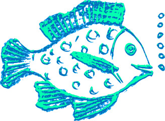 Crayon hand drawn set of violet various fishes. Doodle shapes. Cute sea pattern. Marine kids school background. Color chalk sketch elements on black chalkboard. Vector illustrations.