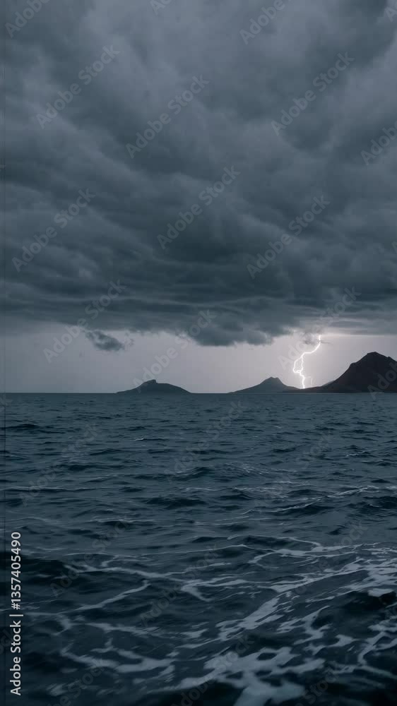 Poster dramatic seascape video with a low-angle view capturing stormy clouds and lightning over distant mou