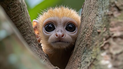Fototapeta premium Close-Up Portrait of an Endangered Primate Lurking in a Tree in its Natural Forest Habitat