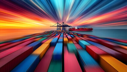A vibrant sunset over a busy shipping dock filled with colorful containers and a large ship, showcasing the energy of maritime transport.