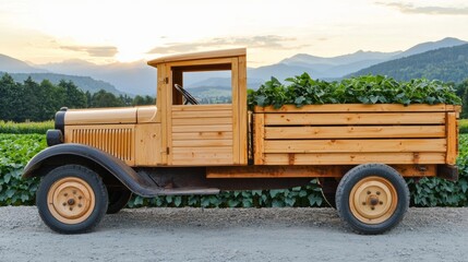 Obraz premium Vintage wooden truck loaded with fresh green vegetables in a scenic landscape