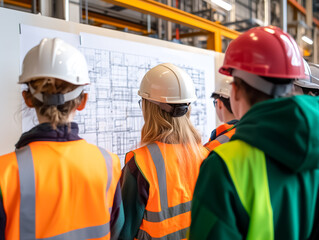 Construction workers reviewing blueprints at a job site for project planning.
