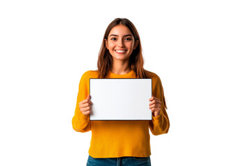 Fototapeta premium Beautiful girl holding blank white billboards for mockup isolated on transparent background