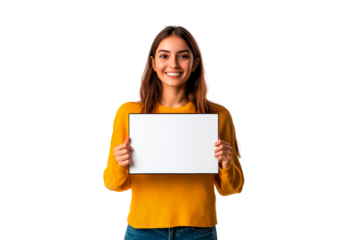 Beautiful girl holding blank white billboards for mockup isolated on transparent background