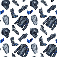 Moto gear seamless pattern. Motorcyclist equipment, accessories. Helmet, protective glove and boot, kneepad, jacket, blue visor. Watercolor illustration on white background. Motorcyclist clothes