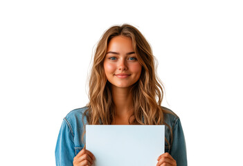 Fototapeta premium Smiling woman holding mock-up screen for advertising isolated on transparent background
