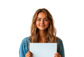 Smiling woman holding mock-up screen for advertising isolated on transparent background