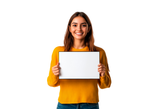 Beautiful girl holding blank white billboards for mockup isolated on transparent background