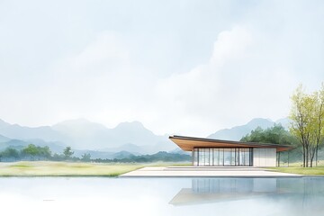 Fototapeta premium Modern Pavilion Lakeside Mountain View.