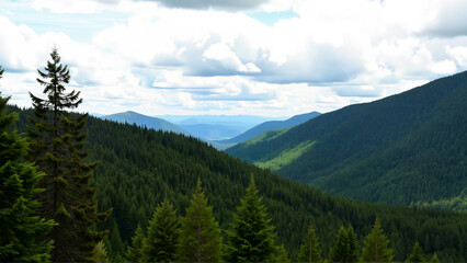 Fototapeta premium Lush Green Mountains Under a Bright Sky with Dramatic Clouds