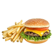 Delicious cheeseburger with lettuce, tomato, and crispy fries on white isolated background.