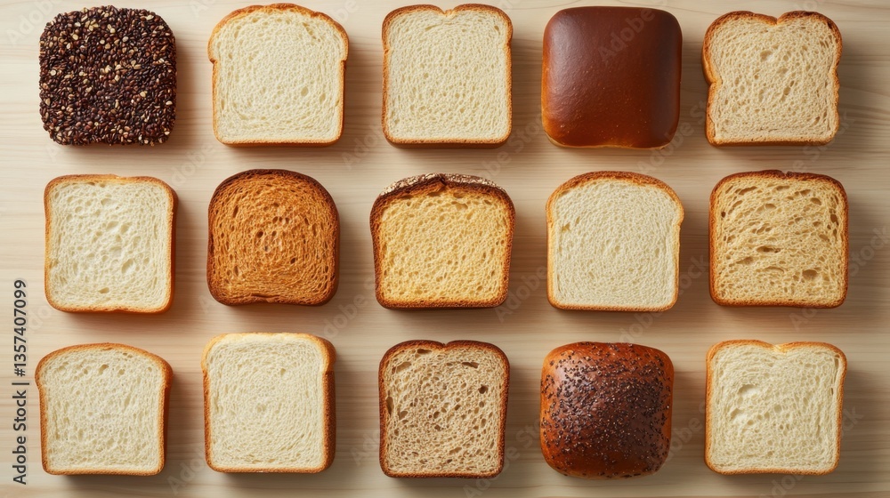 Poster assorted bread slices on wooden surface displaying variety in texture color and grain perfect for br